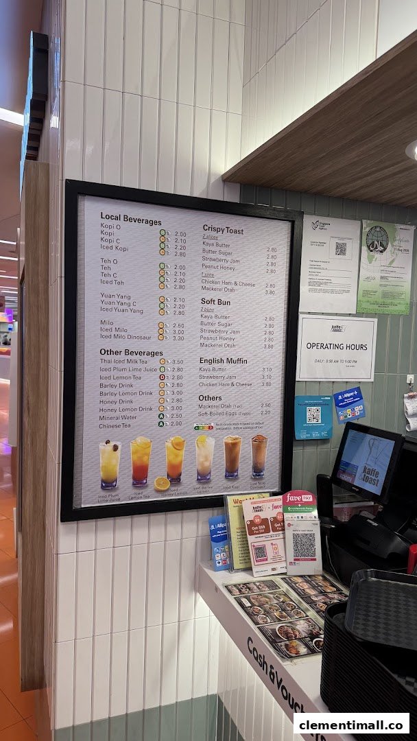 A detailed menu board displaying beverages, toast, and other food items with prices at Kaffe & Toast.