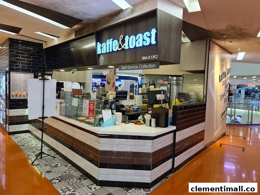 The front counter and signage of Kaffe & Toast, a self-service collection point in a mall.