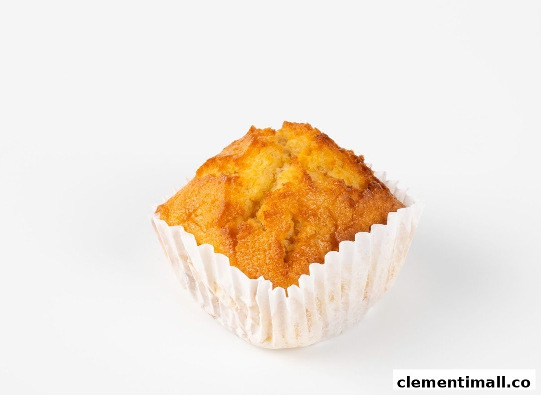 A single golden-brown muffin in a white paper liner, presented on a clean white background.
