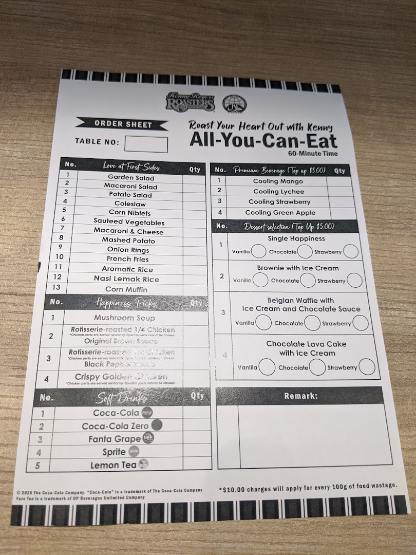 An all-you-can-eat order sheet from Kenny Rogers Roasters, detailing various food and drink options.