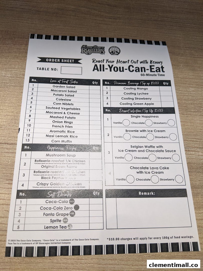 An all-you-can-eat order sheet from Kenny Rogers Roasters, detailing various food and drink options.