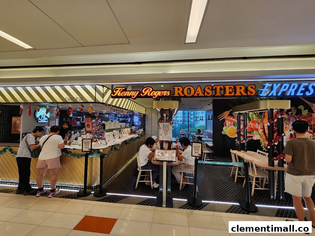 Exterior view of Kenny Rogers Roasters Express, showing the order counter, seating area, and festive decorations.