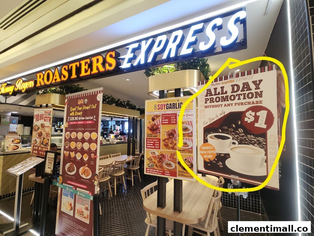 The brightly lit entrance of Kenny Rogers Roasters Express features promotional banners and inviting seating.