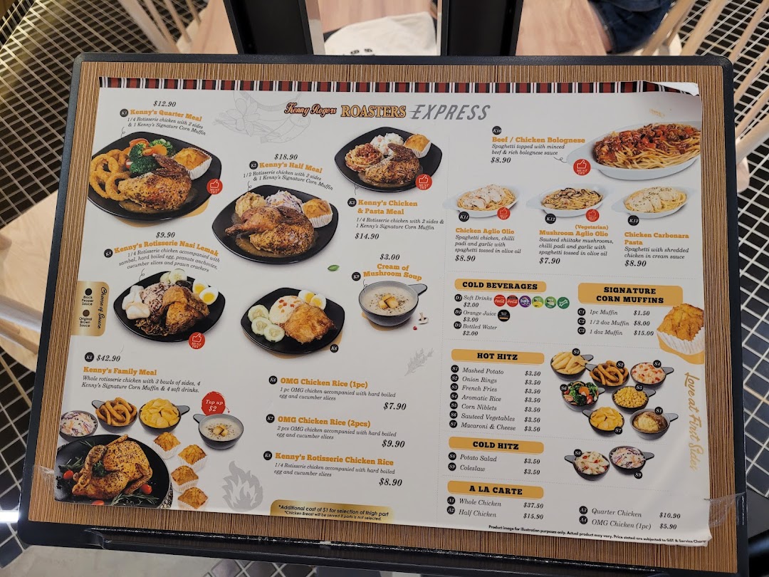 A detailed menu board displaying various chicken meals, pasta, sides, and beverages.