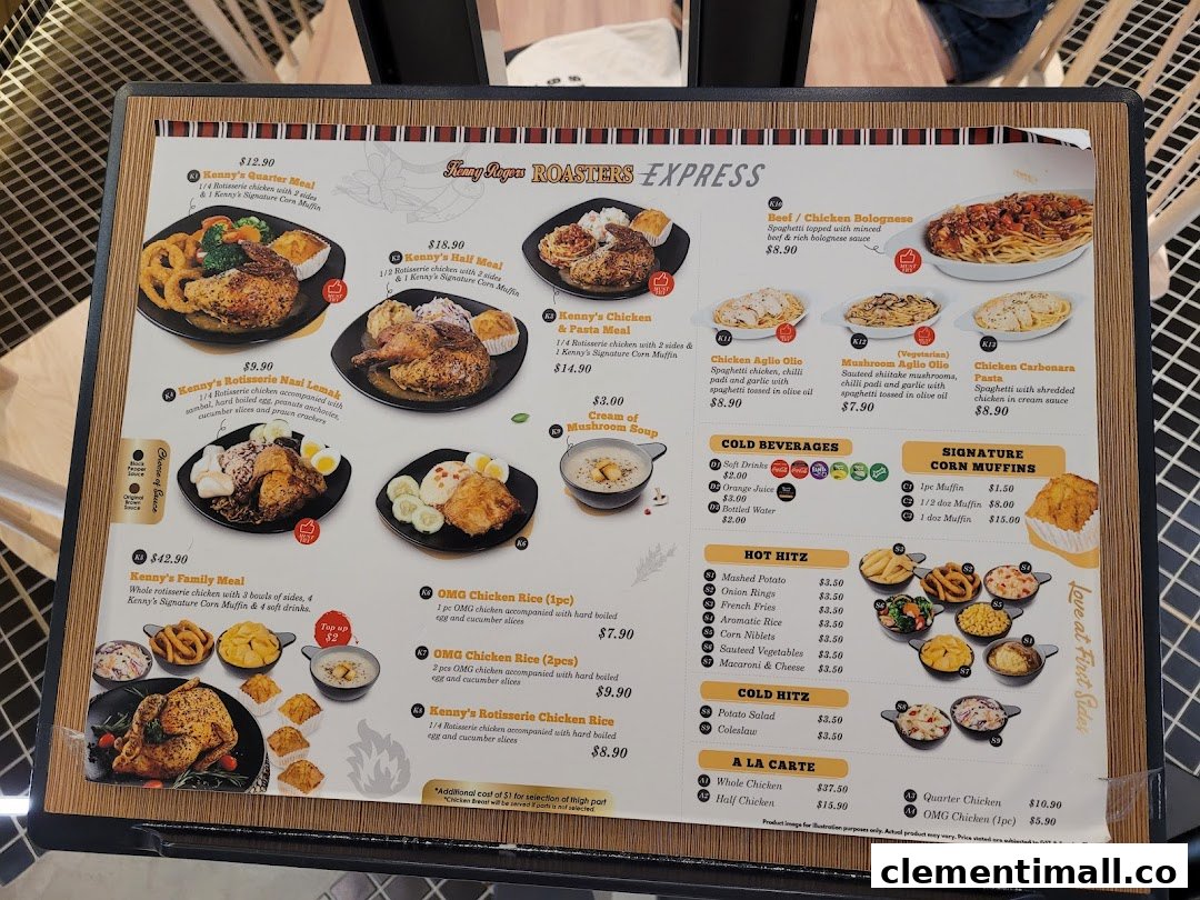 A detailed menu board displaying various chicken meals, pasta, sides, and beverages.