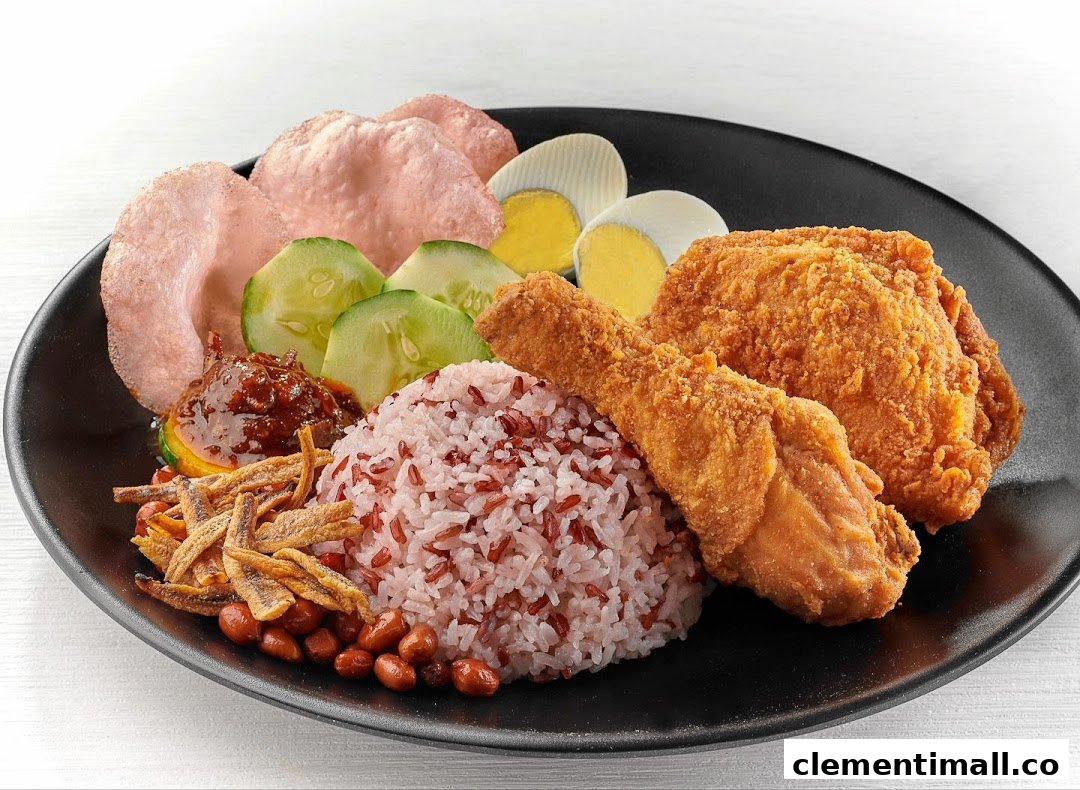 A delicious plate of Nasi Lemak with crispy fried chicken, rice, sambal, egg, peanuts, anchovies, and crackers.