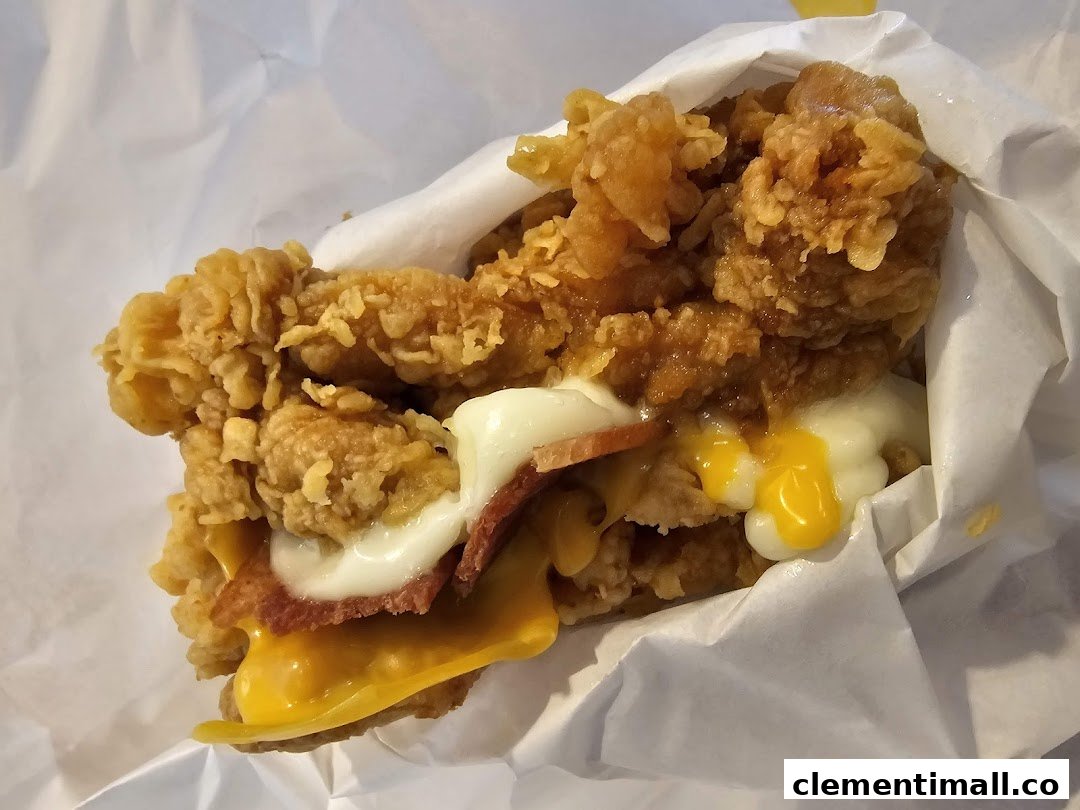 A close-up of a delicious fried chicken sandwich with cheese, bacon, and sauce, wrapped in paper.