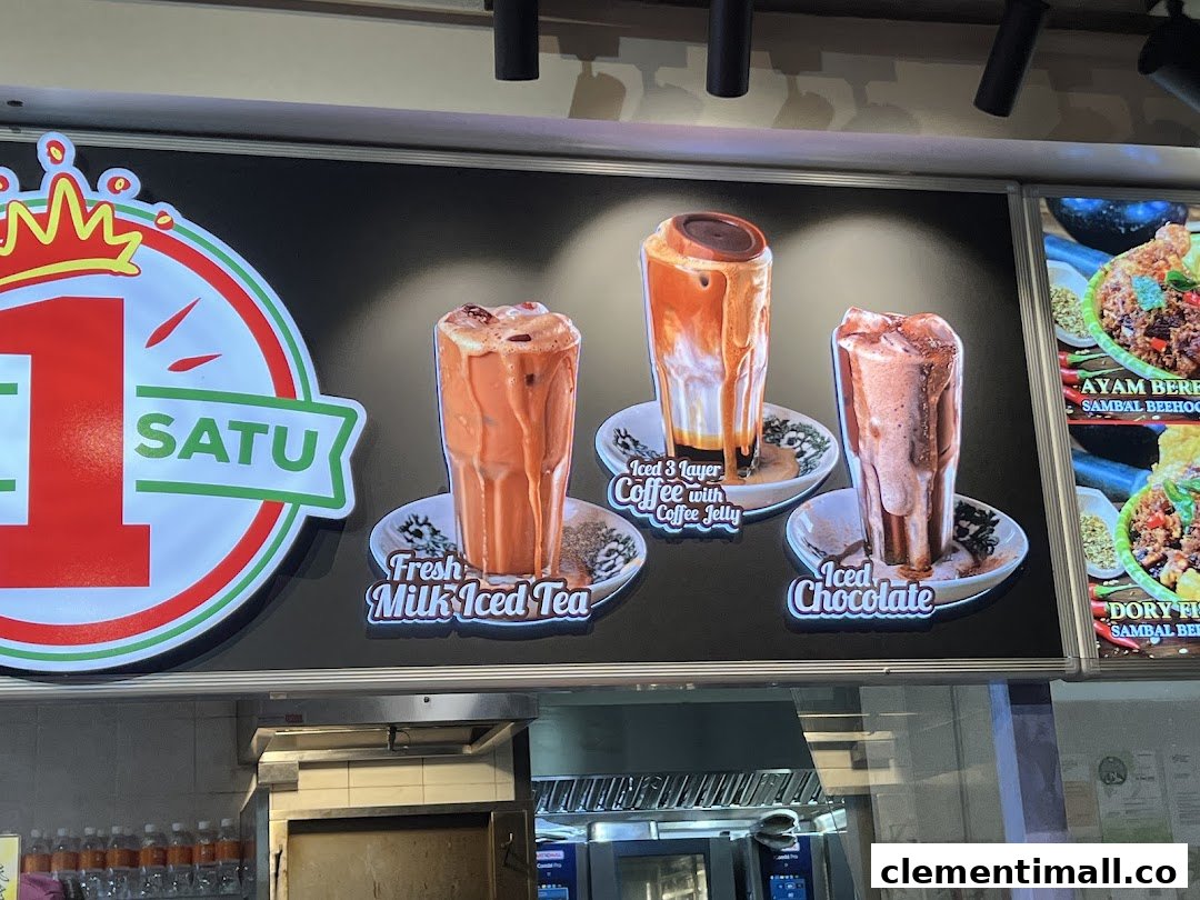A display board showcasing Kopi Satu's refreshing iced beverages and glimpses of main dishes.