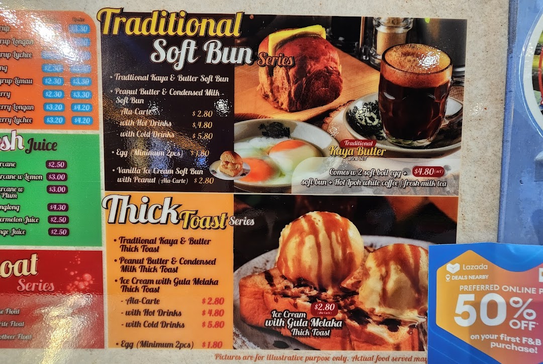 A vibrant menu board showcasing traditional soft buns, thick toasts, and fresh juices with prices and images.