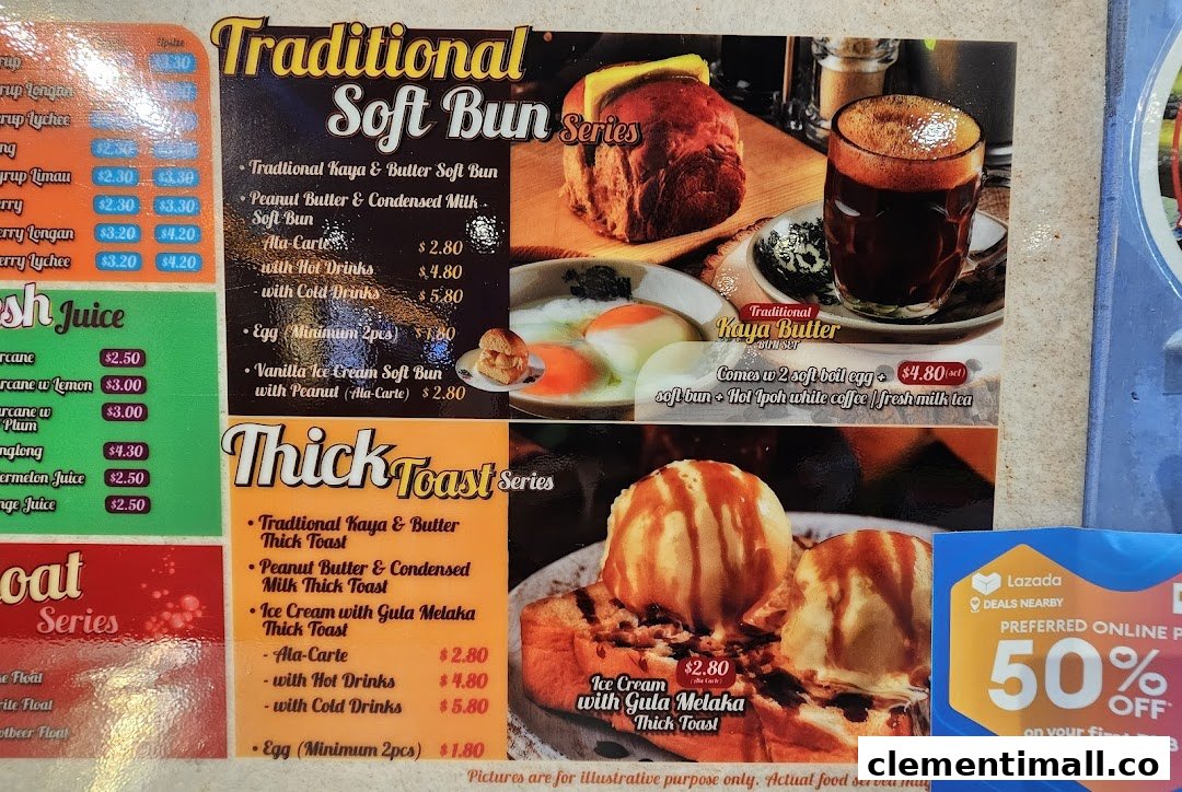 A vibrant menu board showcasing traditional soft buns, thick toasts, and fresh juices with prices and images.