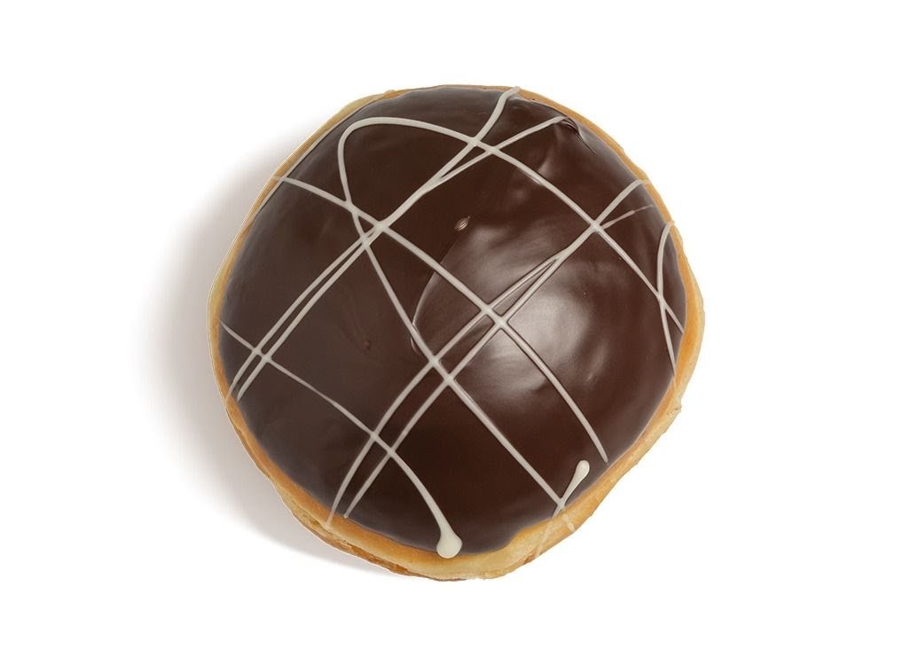 A chocolate-glazed donut with white icing drizzle, presented on a clean white background.