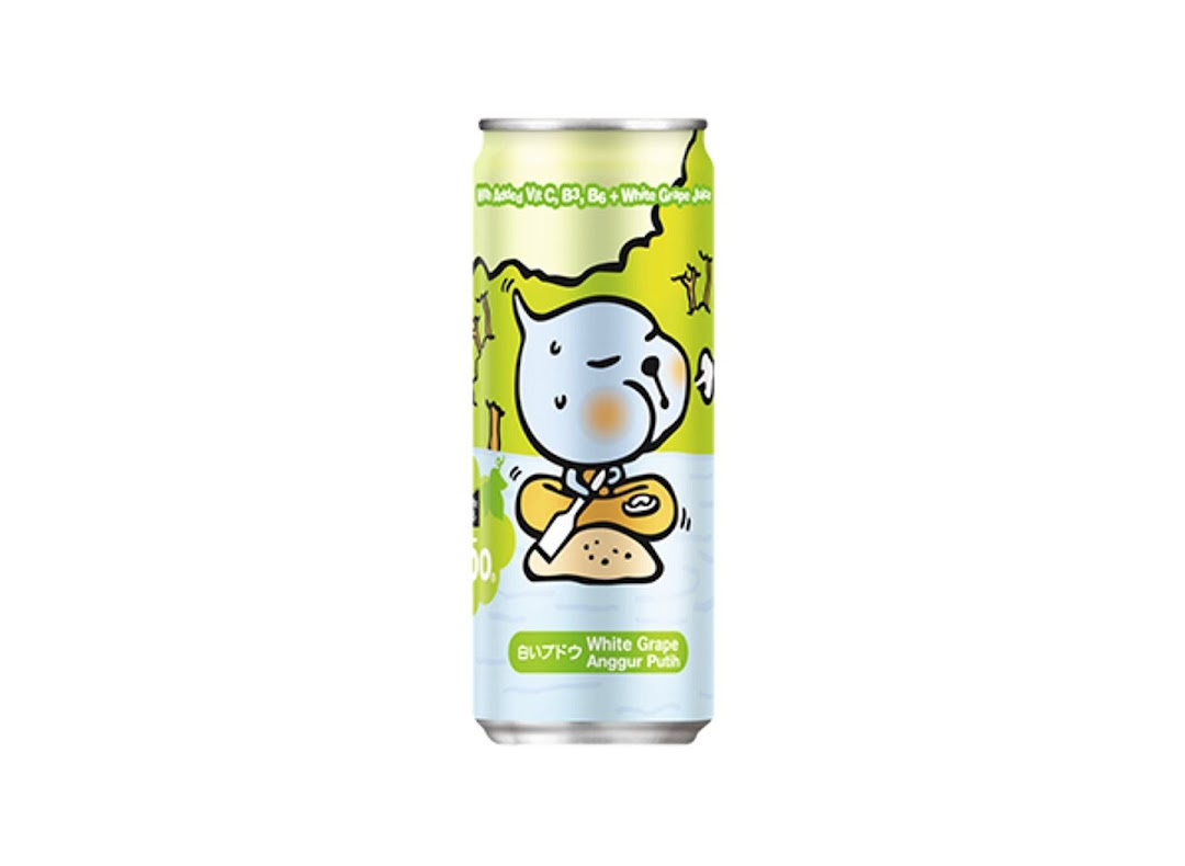 A vibrant green and white can of white grape juice with added vitamins and a cartoon character.