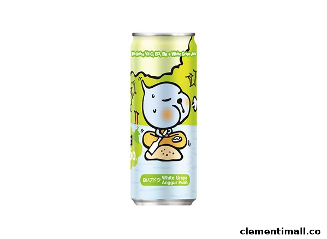 A vibrant green and white can of white grape juice with added vitamins and a cartoon character.