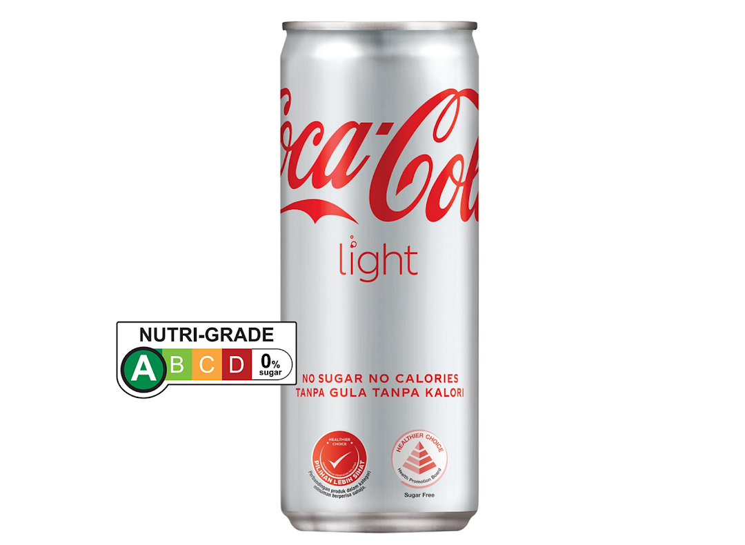 A Coca-Cola Light can with Nutri-Grade A label, indicating no sugar and no calories.