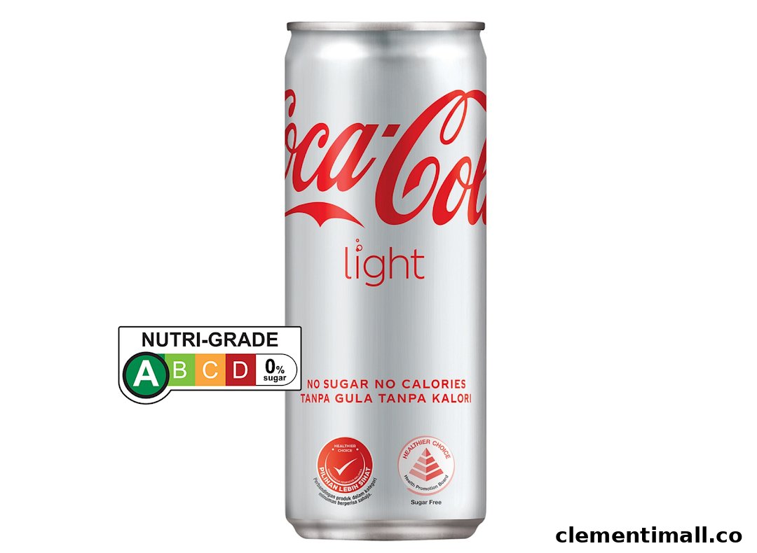 A Coca-Cola Light can with Nutri-Grade A label, indicating no sugar and no calories.