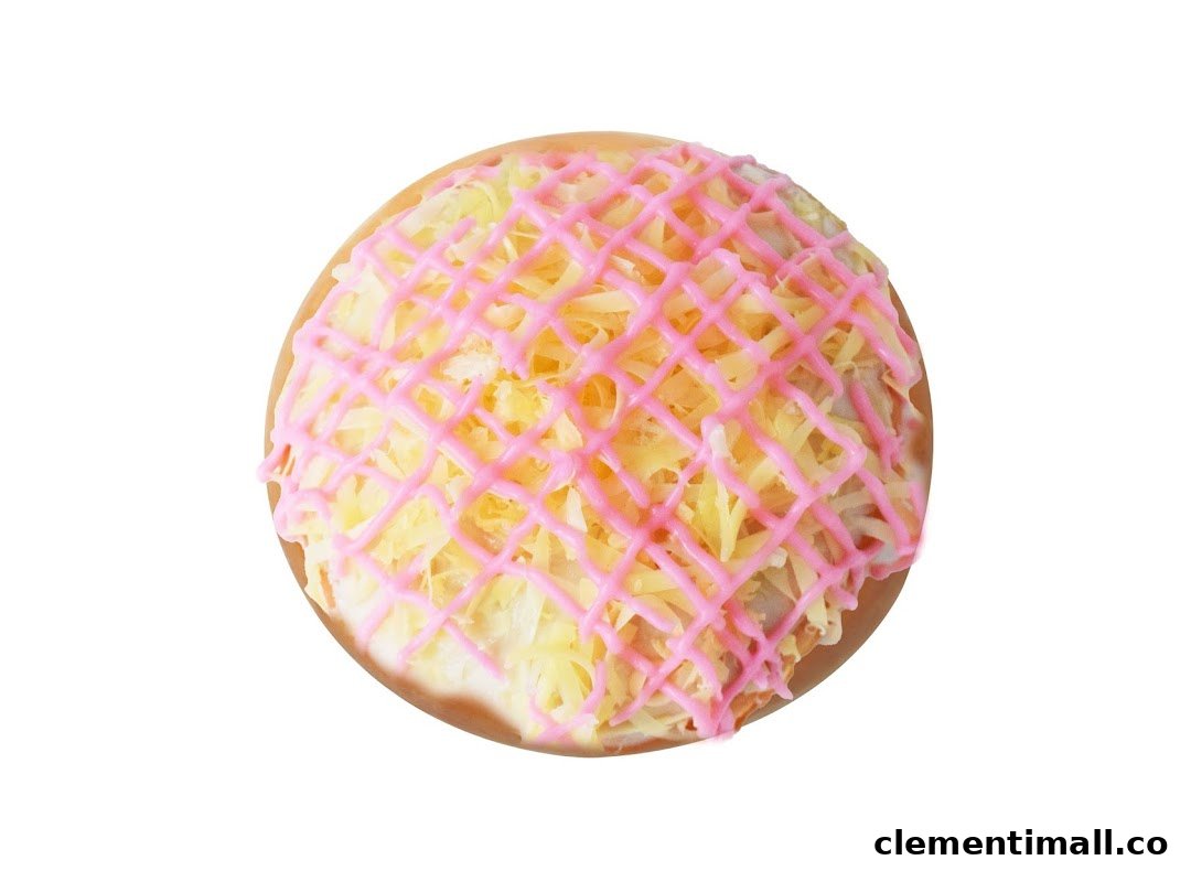 A Krispy Kreme donut featuring pink lattice icing and yellow shredded toppings.