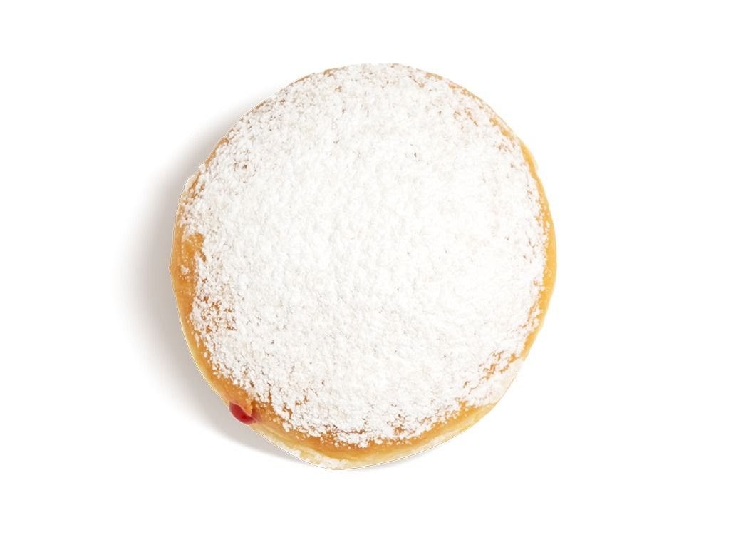 A powdered sugar donut with a hint of red filling, isolated on a white background.