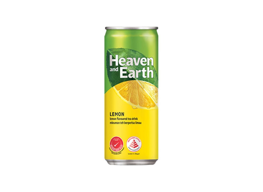 A vibrant yellow and green can of Heaven and Earth Lemon Flavoured Tea Drink.