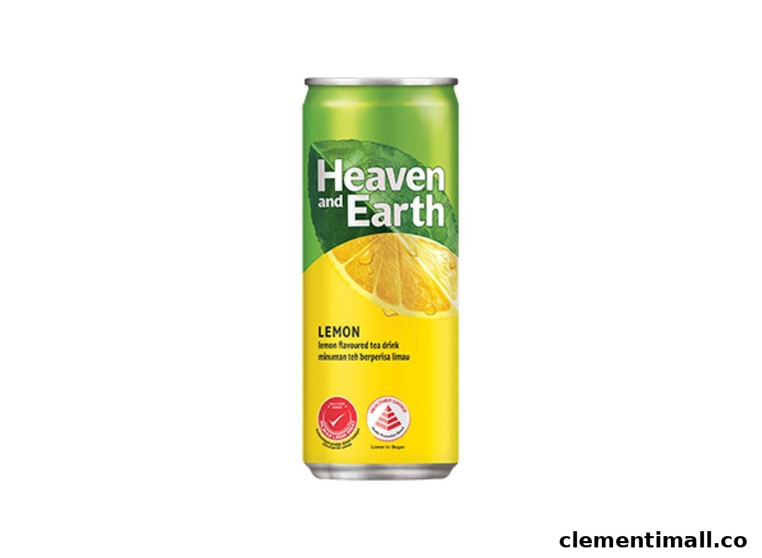 A vibrant yellow and green can of Heaven and Earth Lemon Flavoured Tea Drink.