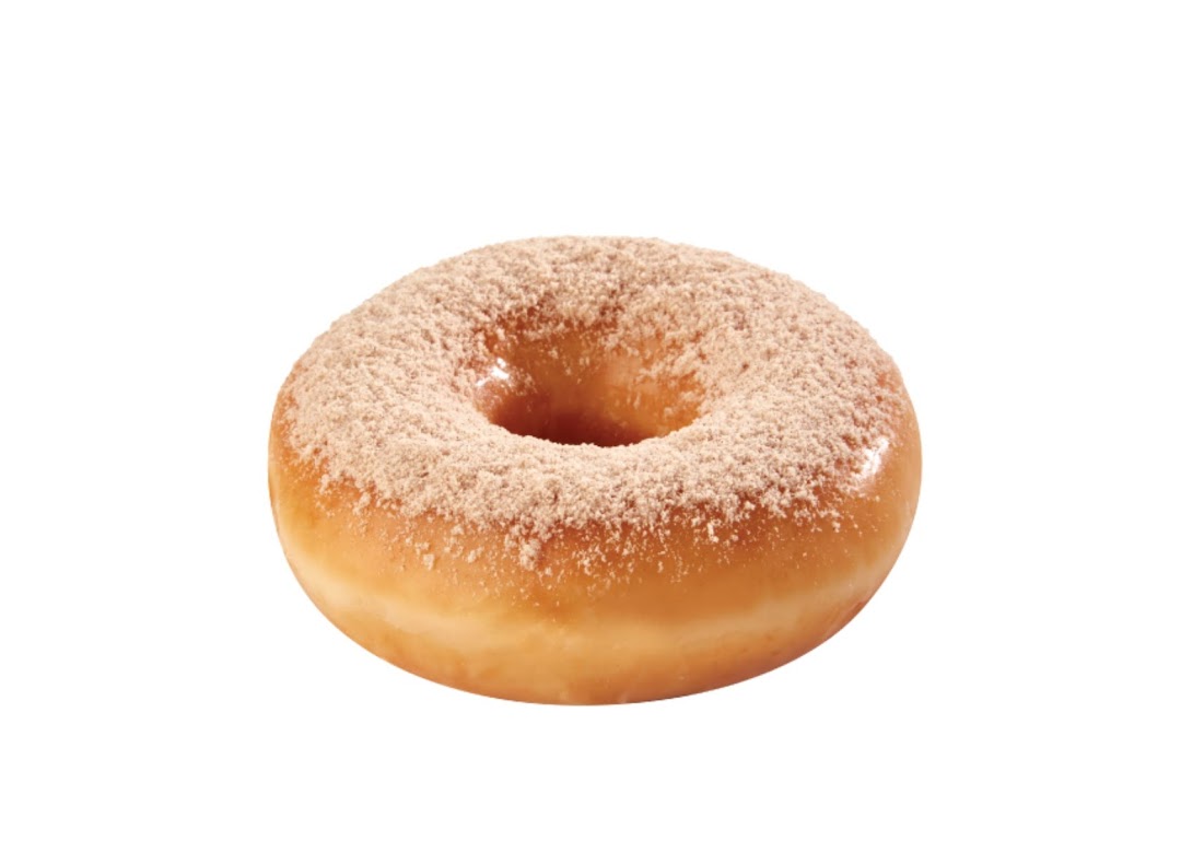 A single glazed donut topped with a generous dusting of cinnamon sugar.