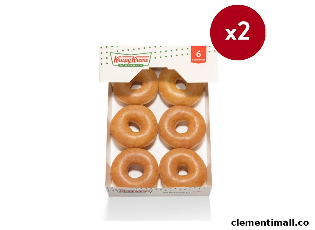 A box of six Krispy Kreme Original Glazed Doughnuts, ready to enjoy.