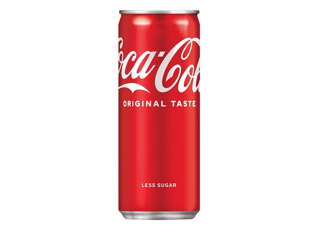 A red Coca-Cola 'Original Taste Less Sugar' can on a white background.