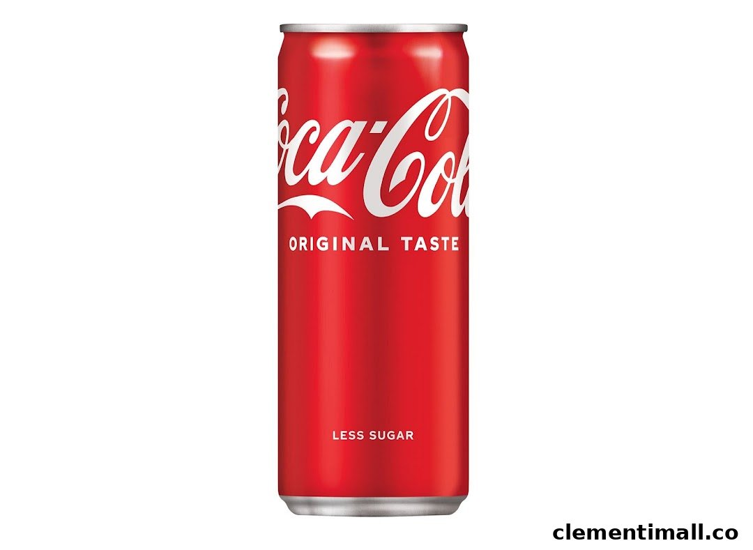 A red Coca-Cola 'Original Taste Less Sugar' can on a white background.