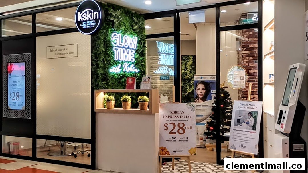 The Kskin Korean Express Facial shop front with promotional signs and festive decor.