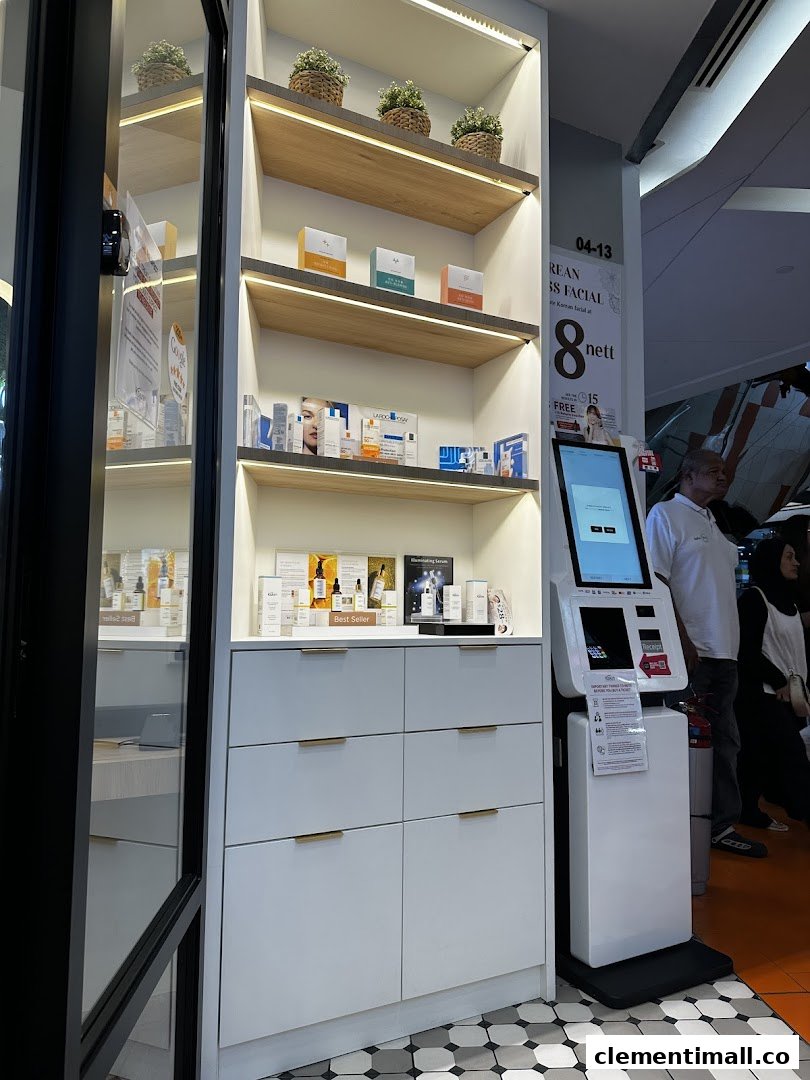 An illuminated display shelf showcasing skincare products and a self-service kiosk at Kskin Korean Express Facial.