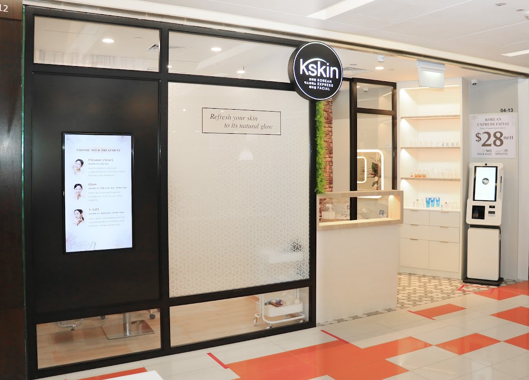 The storefront of Kskin Korean Express Facial, featuring its logo, services, and a promotional offer.