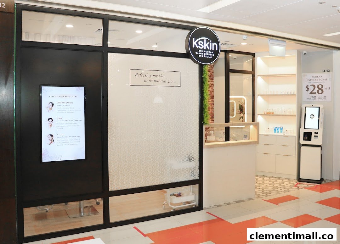 The storefront of Kskin Korean Express Facial, featuring its logo, services, and a promotional offer.