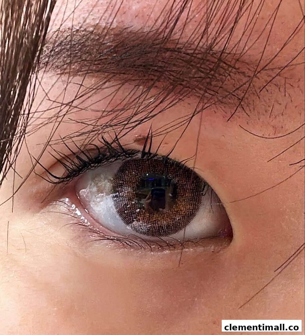 Close-up of an eye showcasing a brown colored contact lens.