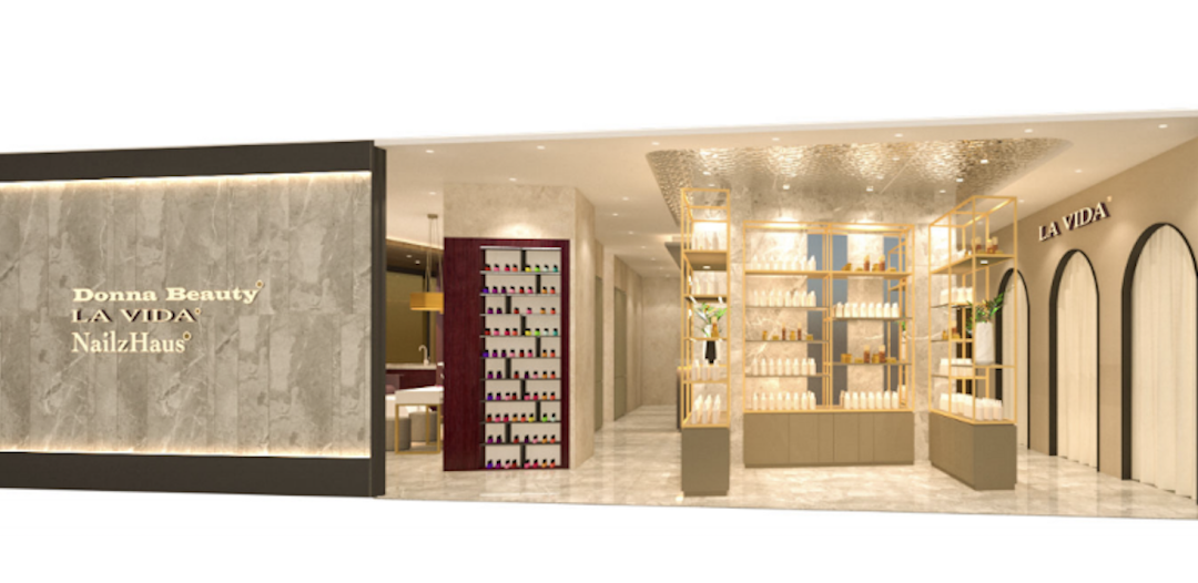 A modern and elegant beauty salon interior featuring product displays, a nail polish rack, and arched partitions.