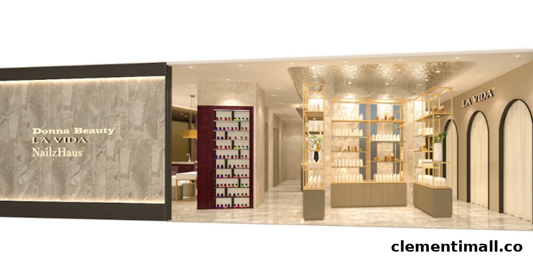 A modern and elegant beauty salon interior featuring product displays, a nail polish rack, and arched partitions.