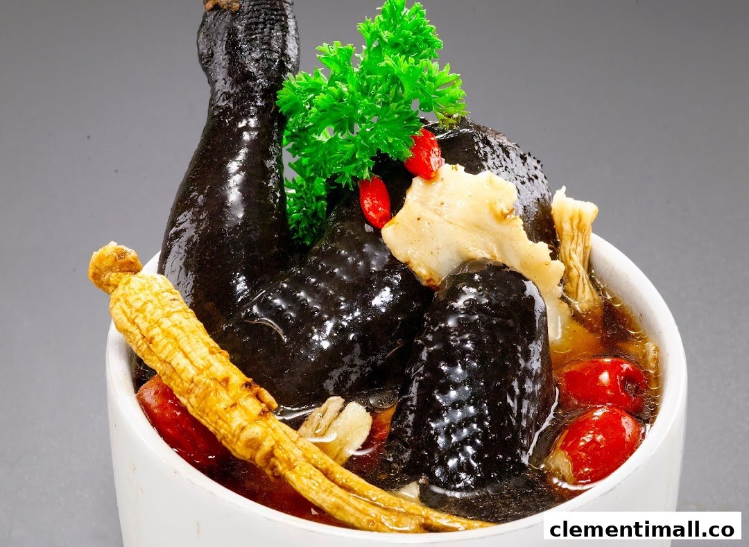A close-up of a nourishing black chicken herbal soup with ginseng, goji berries, and other traditional ingredients.