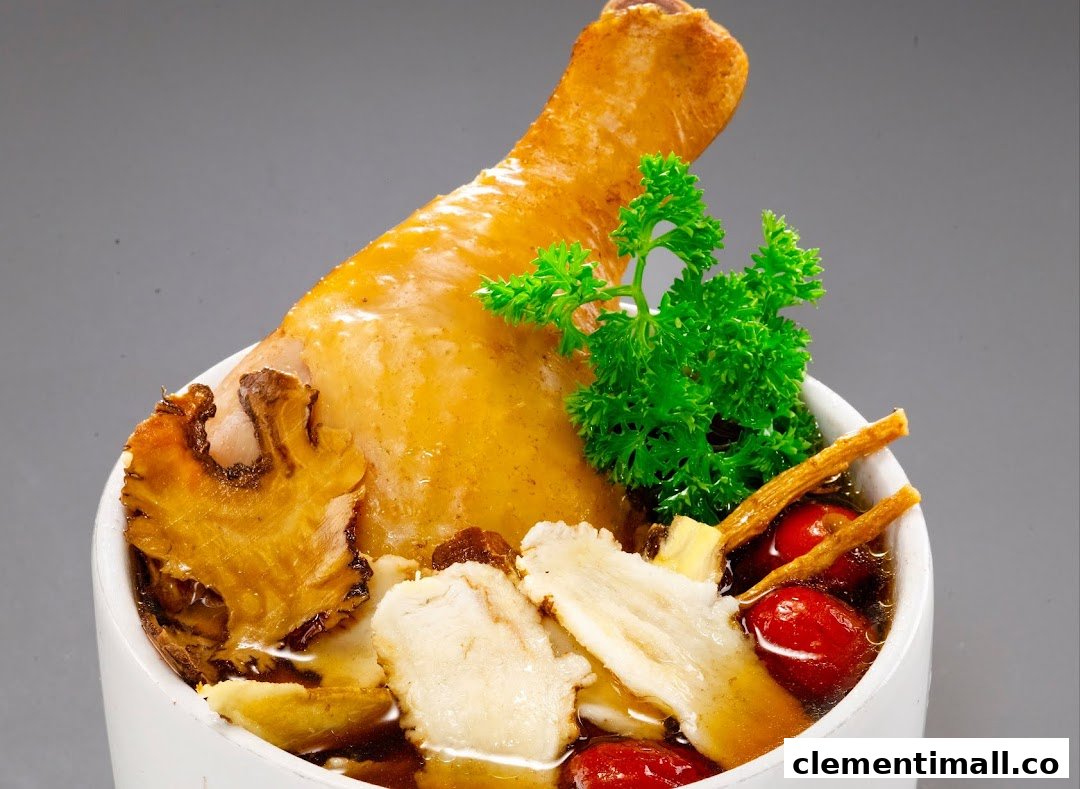 A close-up of a bowl of herbal soup featuring a chicken drumstick, red dates, and various traditional herbs.