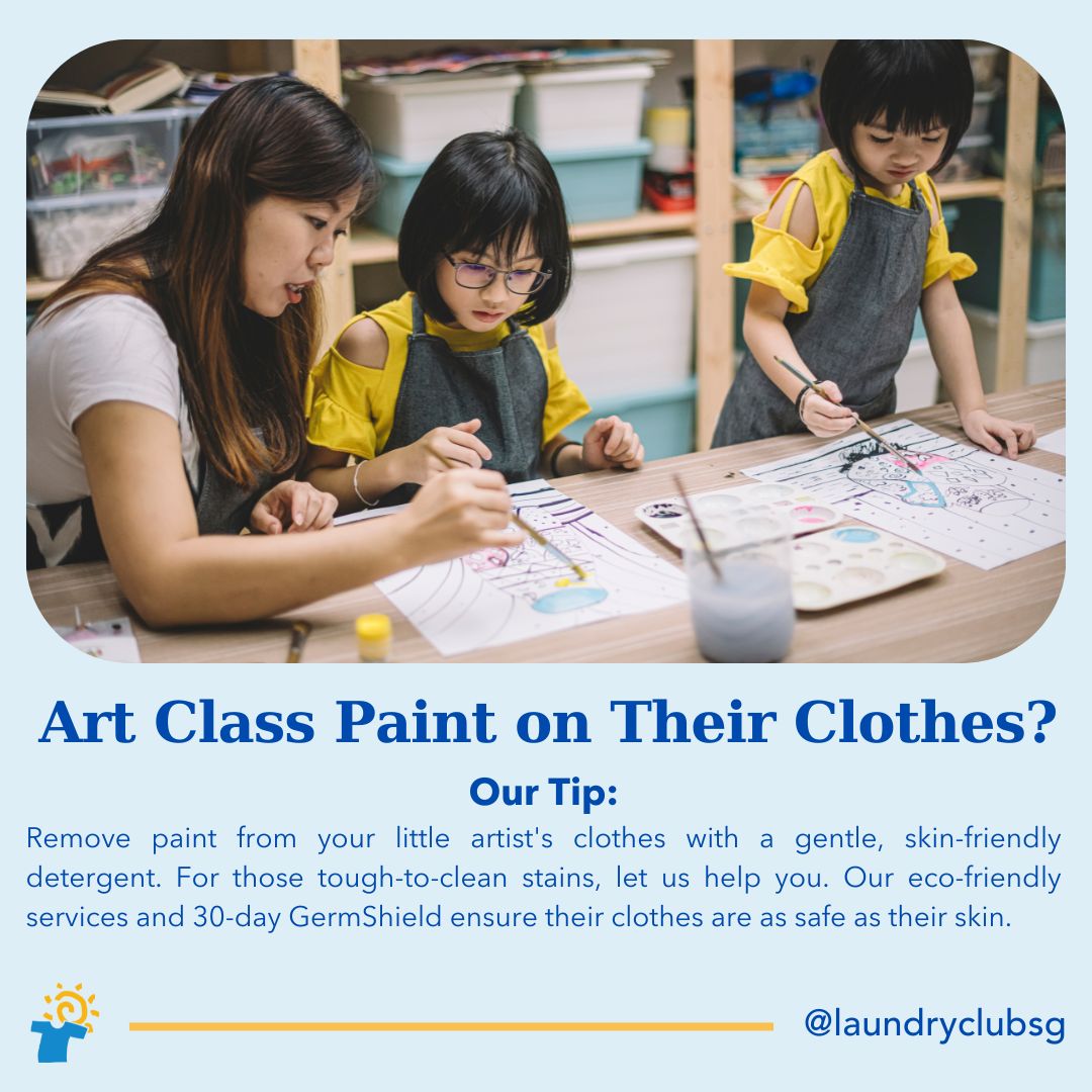 A teacher and two children are painting, illustrating a laundry tip for paint stains.