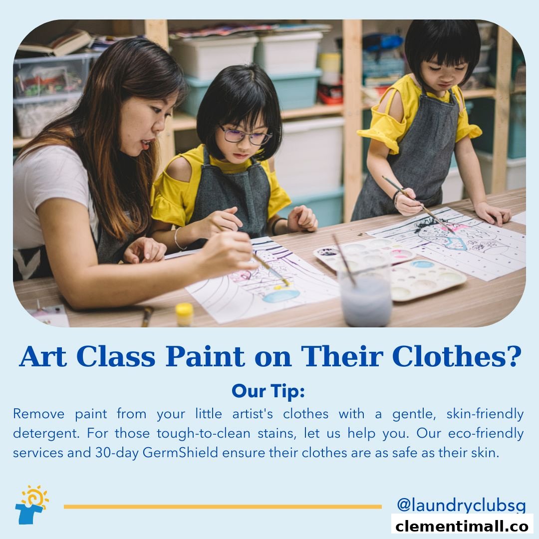 A teacher and two children are painting, illustrating a laundry tip for paint stains.