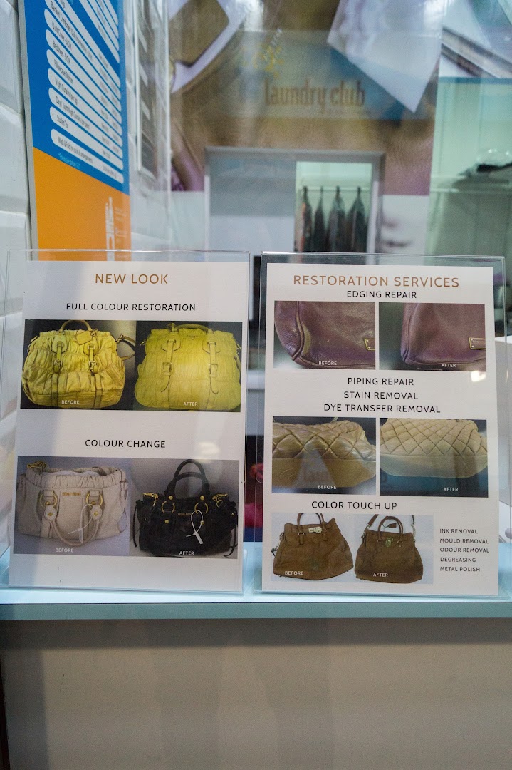 Showcases Laundry Club's bag restoration services with before-and-after examples.