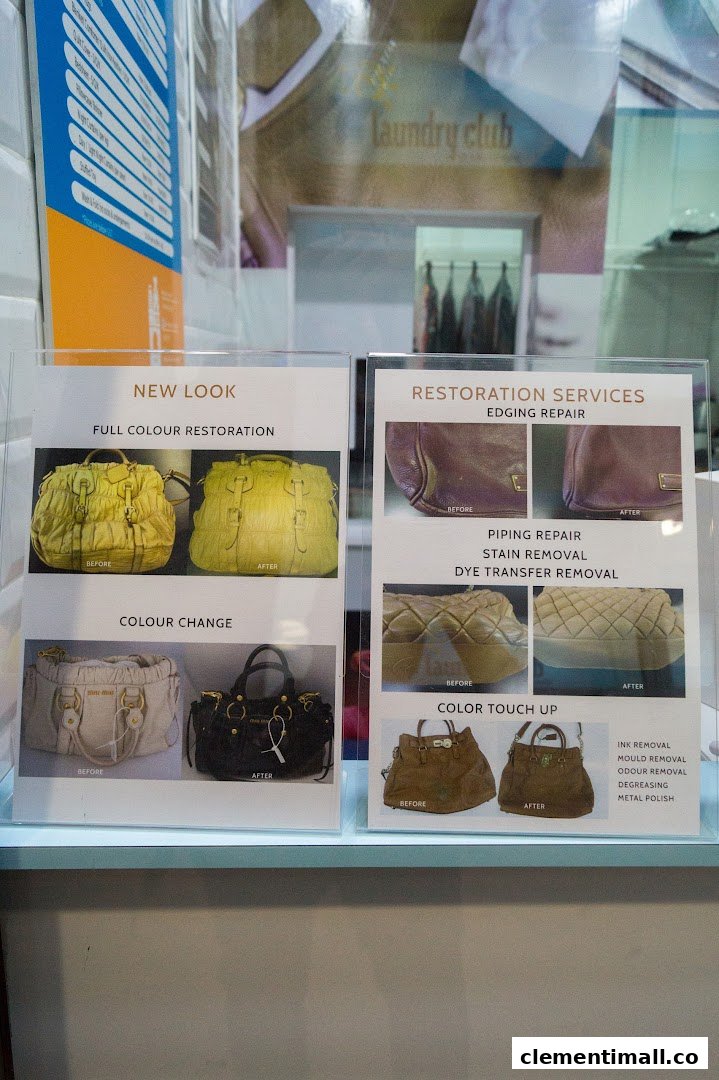 Showcases Laundry Club's bag restoration services with before-and-after examples.