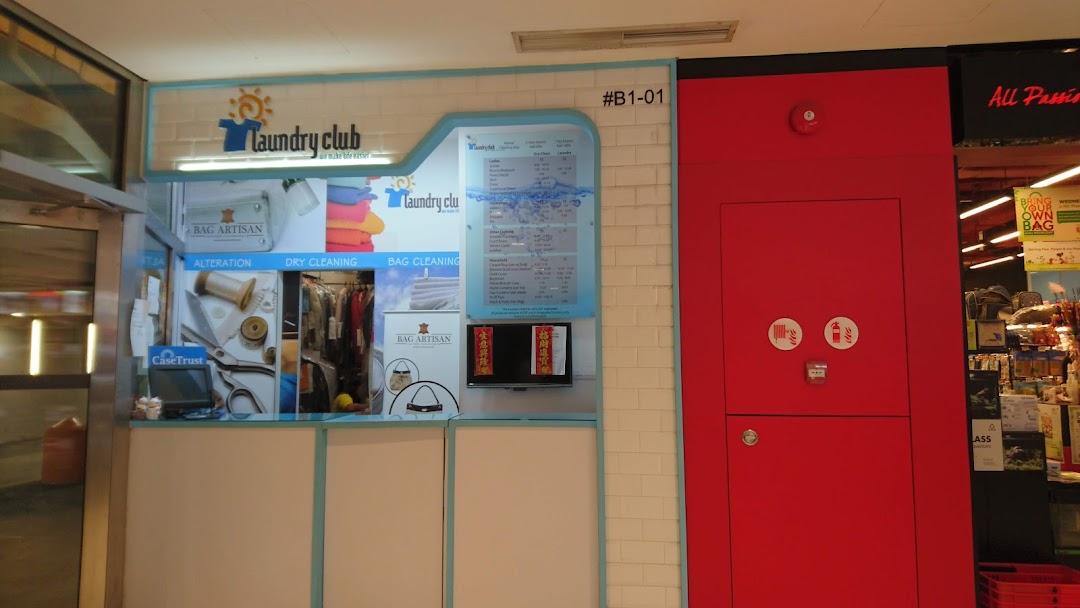 The Laundry Club shop front features services like alteration, dry cleaning, and bag cleaning, with a visible price list.