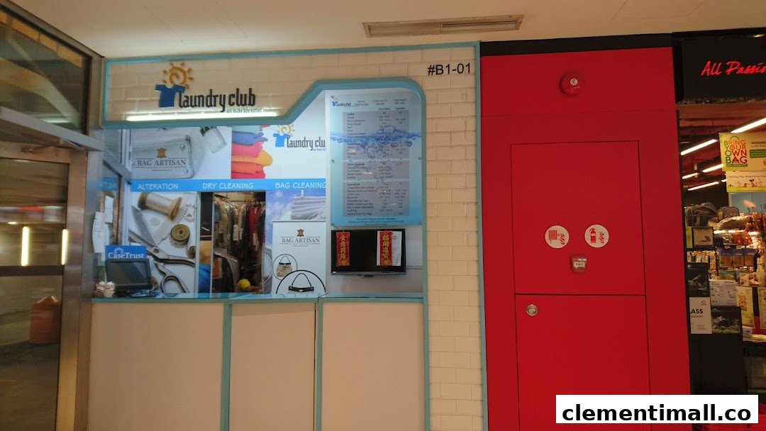 The Laundry Club shop front features services like alteration, dry cleaning, and bag cleaning, with a visible price list.