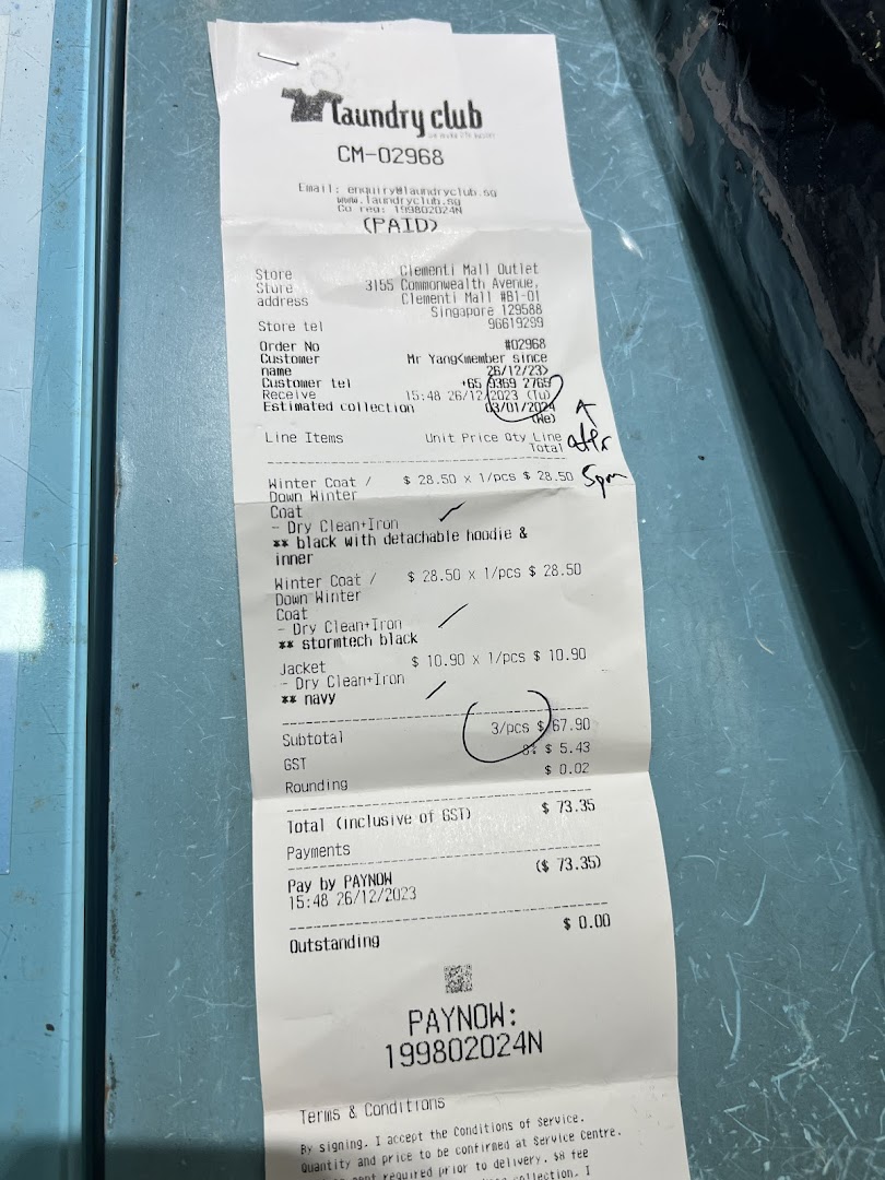 A detailed receipt from Laundry Club at Clementi Mall, showing dry cleaning services and prices.