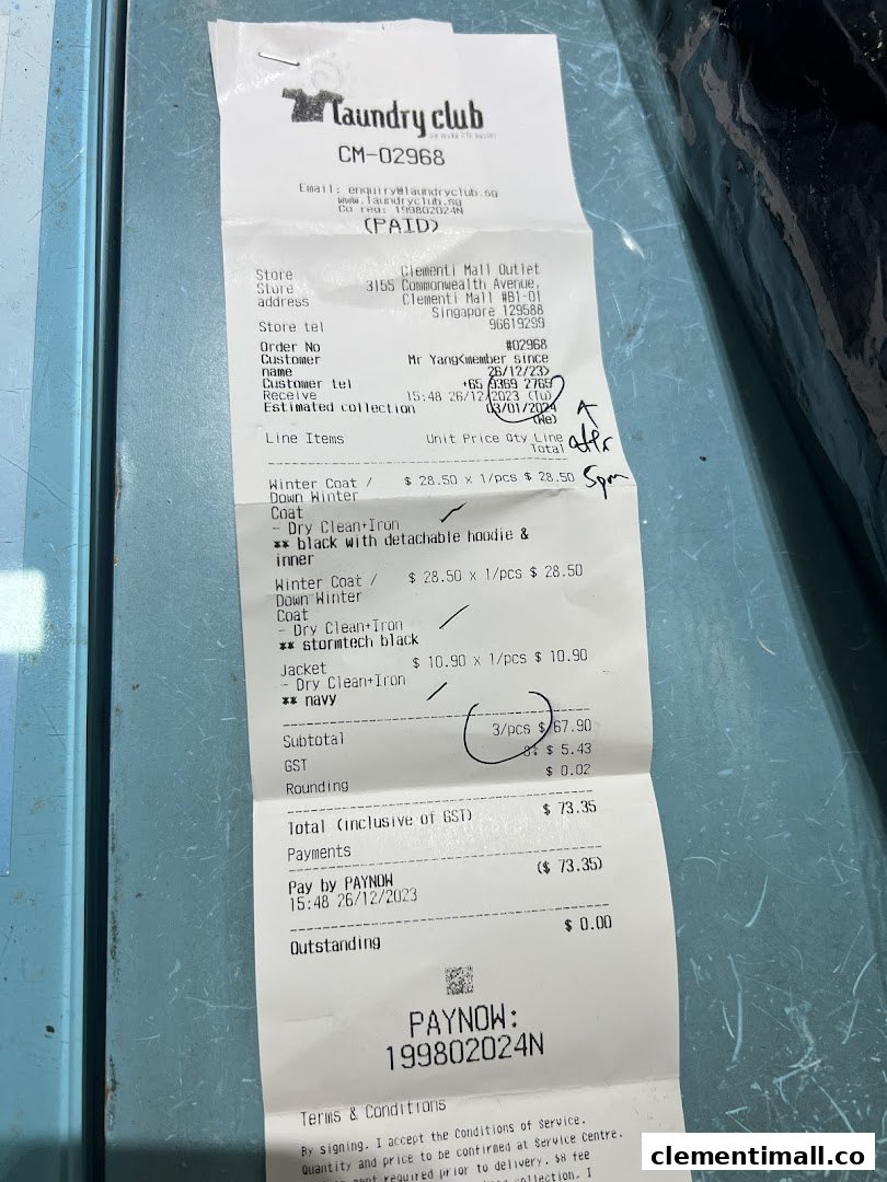 A detailed receipt from Laundry Club at Clementi Mall, showing dry cleaning services and prices.