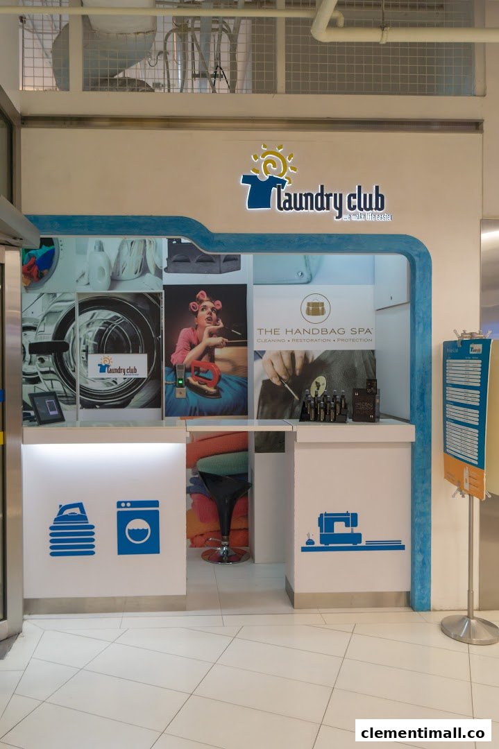 The entrance of Laundry Club, a service shop offering laundry, handbag spa, and tailoring.