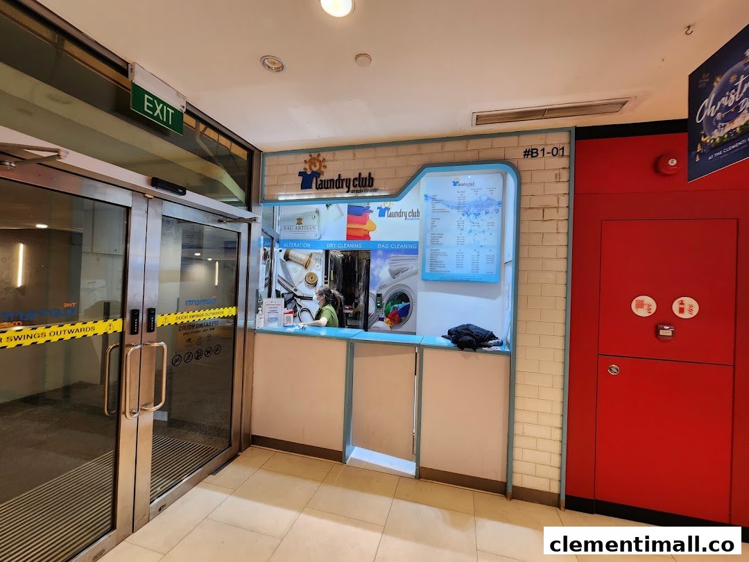 The counter and entrance of Laundry Club at Clementi Mall, offering garment care services.