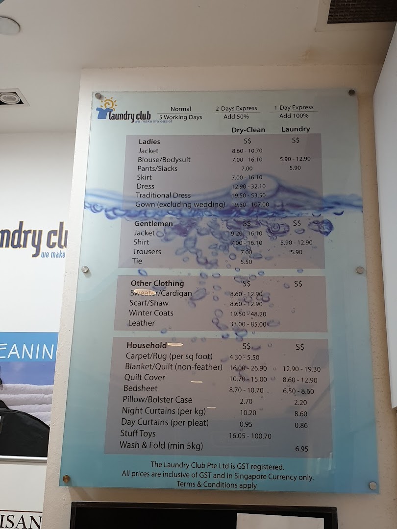 A detailed price list for dry-cleaning and laundry services at Laundry Club.