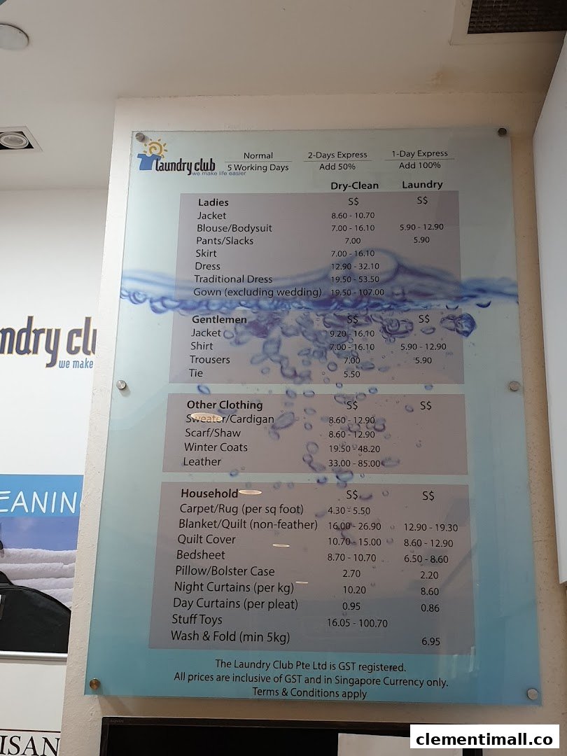 A detailed price list for dry-cleaning and laundry services at Laundry Club.