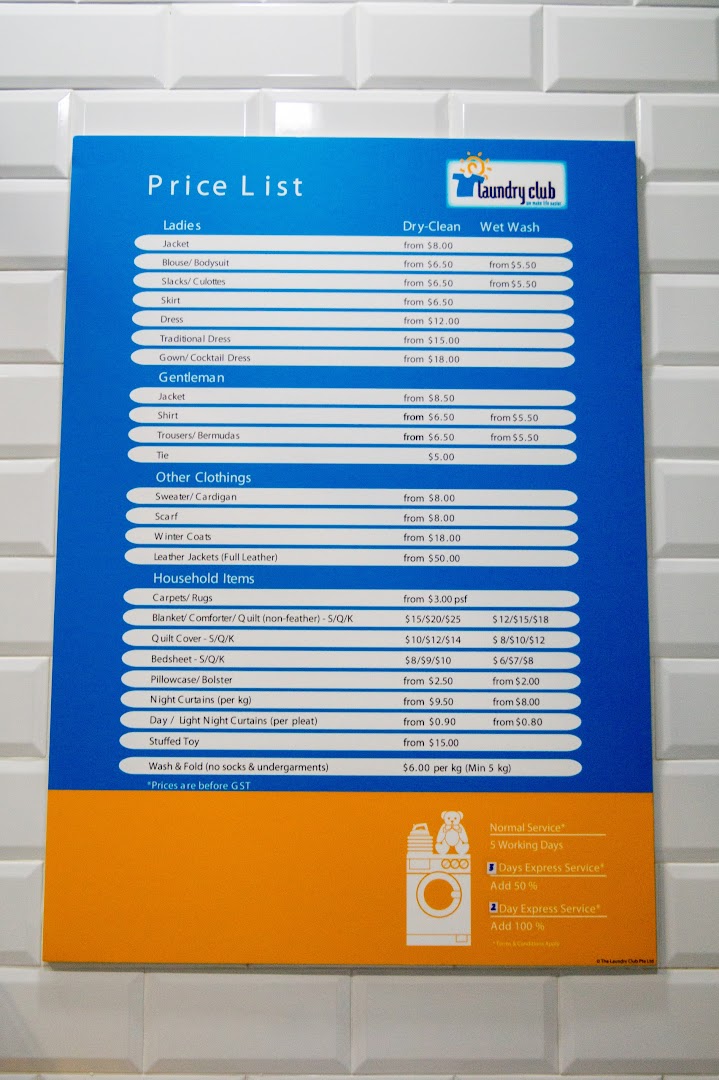 A detailed price list for laundry and dry-cleaning services at Laundry Club.
