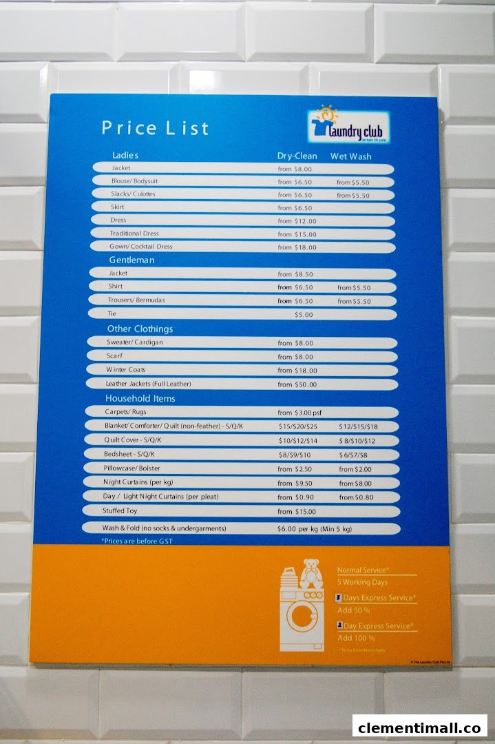 A detailed price list for laundry and dry-cleaning services at Laundry Club.